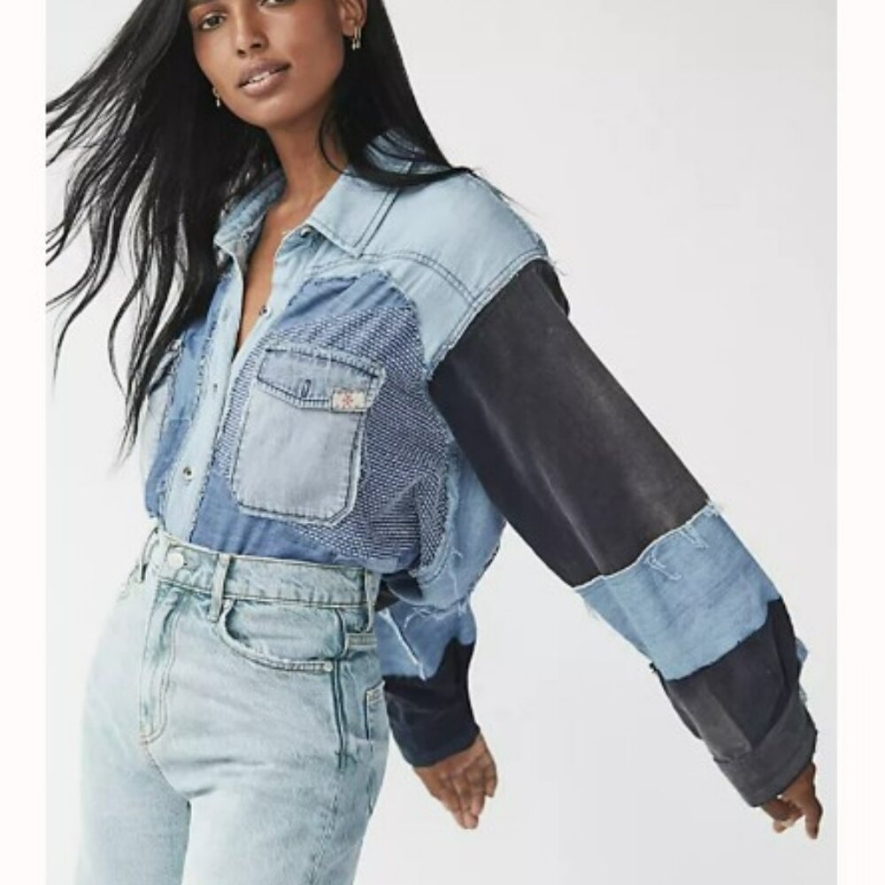 Free People We The Free‎ Palisades Patchwork Shirt Boho Slouchy Distressed M